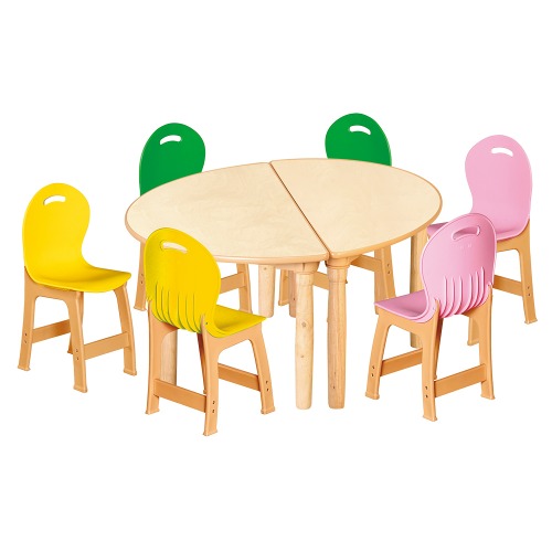 안전 자작합판 대형 반달 2조각 6인 책상의자세트(노랑+초록+분홍 파스텔의자)