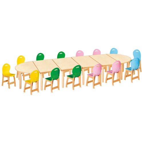 안전 자작합판 대형 반달 6조각 14인 책상의자세트(노랑+초록+분홍+하늘 파스텔의자)
