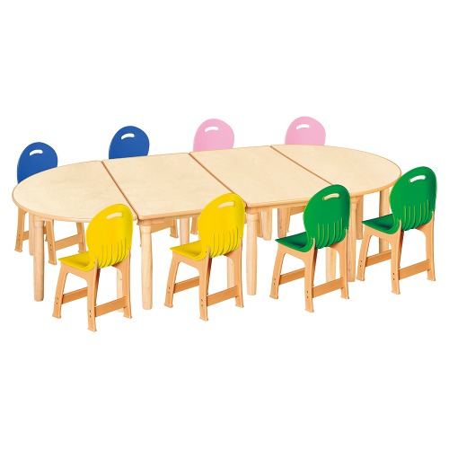 안전 자작합판 대형 반달 4조각 8인 책상의자세트(노랑+초록+분홍+파랑 파스텔의자)