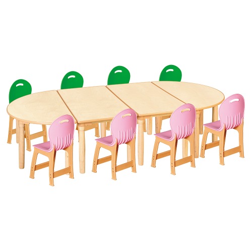 안전 자작합판 대형 반달 4조각 8인 책상의자세트(초록+분홍 파스텔의자)