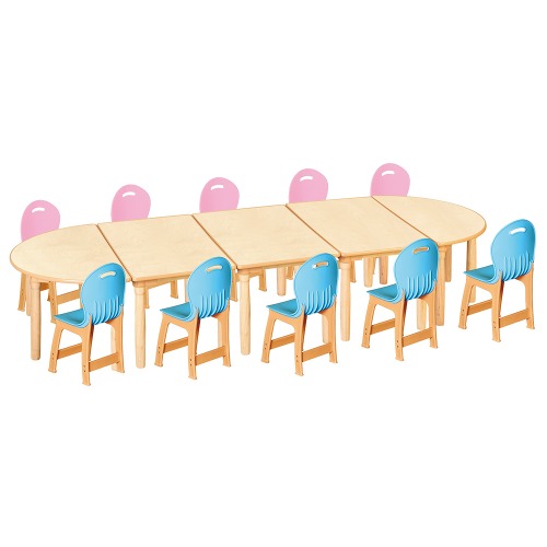 안전 자작합판 대형 반달 5조각 10인 책상의자세트(분홍+하늘 파스텔의자)