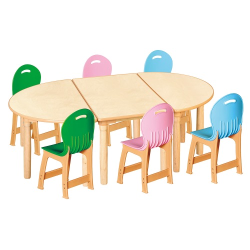 안전 자작합판 대형 반달 3조각 6인 책상의자세트(초록+분홍+하늘 파스텔의자)