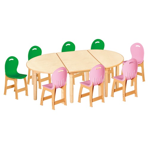 안전 자작합판 대형 반달 3조각 8인 책상의자세트(초록+분홍 파스텔의자)