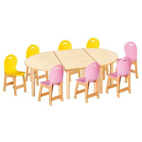 안전 자작합판 대형 반달 3조각 8인 책상의자세트(노랑+분홍 파스텔의자)