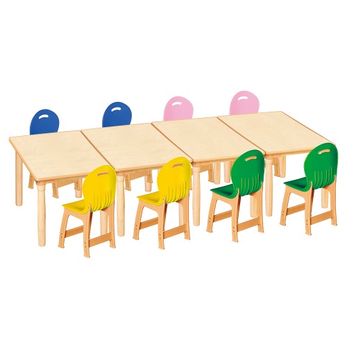 안전 자작합판 대형 사각 4조각 8인 책상의자세트(노랑+초록+분홍+파랑 파스텔의자)