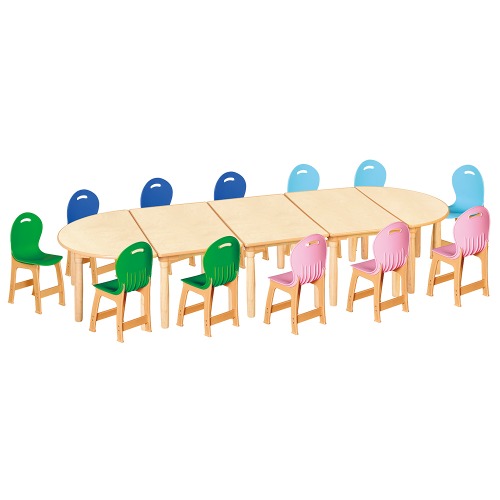 안전 자작합판 대형 반달 5조각 12인 책상의자세트(초록+분홍+하늘+파랑 파스텔의자)