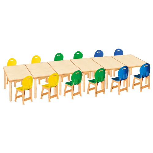 안전 자작합판 대형 사각 6조각 12인 책상의자세트(노랑+초록+파랑 파스텔의자)