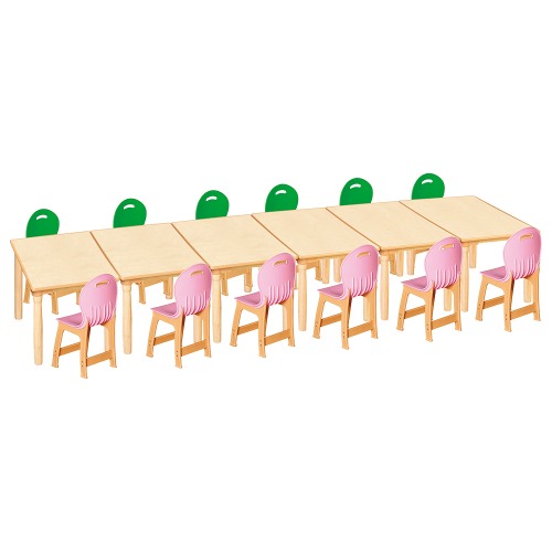 안전 자작합판 대형 사각 6조각 12인 책상의자세트(초록+분홍 파스텔의자)