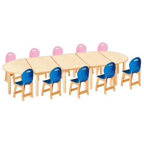 안전 자작합판 대형 반달 6조각 12인 책상의자세트(분홍+파랑 파스텔의자)