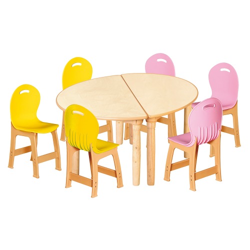 안전 자작합판 대형 반달 2조각 6인 책상의자세트(노랑+분홍 파스텔의자)