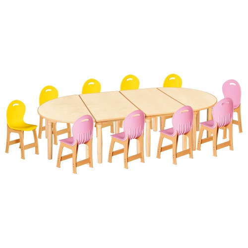 안전 자작합판 대형 반달 4조각 10인 책상의자세트(노랑+분홍 파스텔의자)