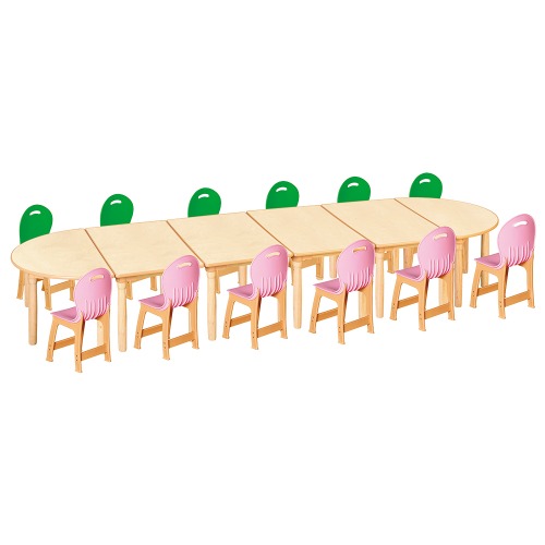 안전 자작합판 대형 반달 6조각 12인 책상의자세트(초록+분홍 파스텔의자)