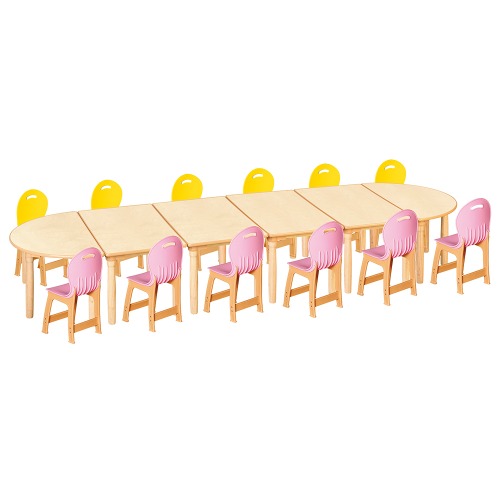 안전 자작합판 대형 반달 6조각 12인 책상의자세트(노랑+분홍 파스텔의자)