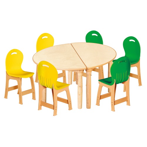 안전 자작합판 대형 반달 2조각 6인 책상의자세트(노랑+초록 파스텔의자)
