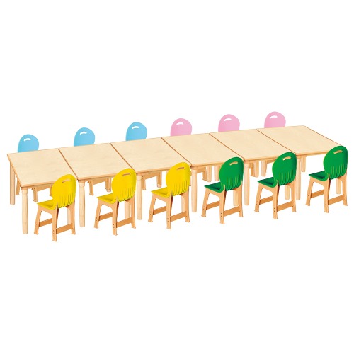 안전 자작합판 대형 사각 6조각 12인 책상의자세트(노랑+초록+분홍+하늘 파스텔의자)