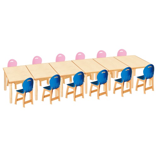 안전 자작합판 대형 사각 6조각 12인 책상의자세트(분홍+파랑 파스텔의자)