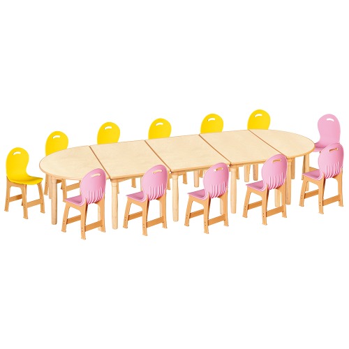안전 자작합판 대형 반달 5조각 12인 책상의자세트(노랑+분홍 파스텔의자)