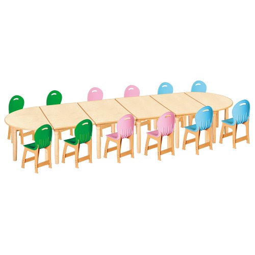 안전 자작합판 대형 반달 6조각 12인 책상의자세트(초록+분홍+하늘 파스텔의자)