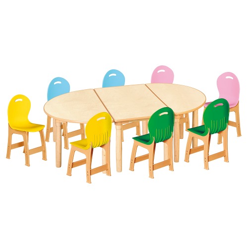 안전 자작합판 대형 반달 3조각 8인 책상의자세트(노랑+초록+분홍+하늘 파스텔의자)