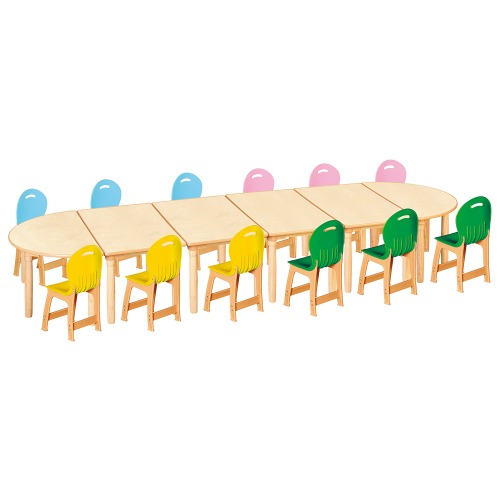 안전 자작합판 대형 반달 6조각 12인 책상의자세트(노랑+초록+분홍+하늘 파스텔의자)