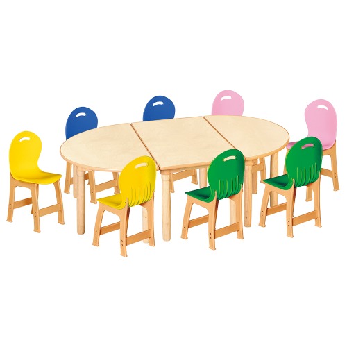 안전 자작합판 대형 반달 3조각 8인 책상의자세트(노랑+초록+분홍+파랑 파스텔의자)