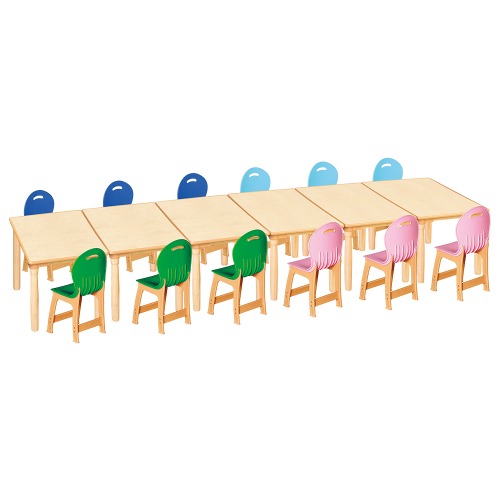 안전 자작합판 대형 사각 6조각 12인 책상의자세트(초록+분홍+하늘+파랑 파스텔의자)