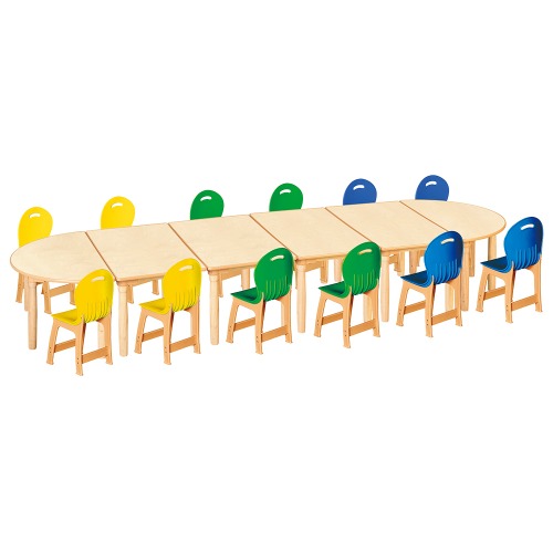 안전 자작합판 대형 반달 6조각 12인 책상의자세트(노랑+초록+파랑 파스텔의자)
