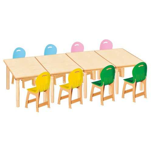 안전 자작합판 대형 사각 4조각 8인 책상의자세트(노랑+초록+분홍+하늘 파스텔의자)