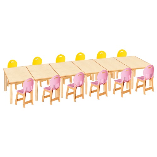 안전 자작합판 대형 사각 6조각 12인 책상의자세트(노랑+분홍 파스텔의자)
