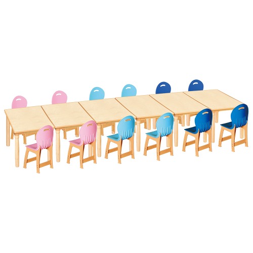 안전 자작합판 대형 사각 6조각 12인 책상의자세트(분홍+하늘+파랑 파스텔의자)