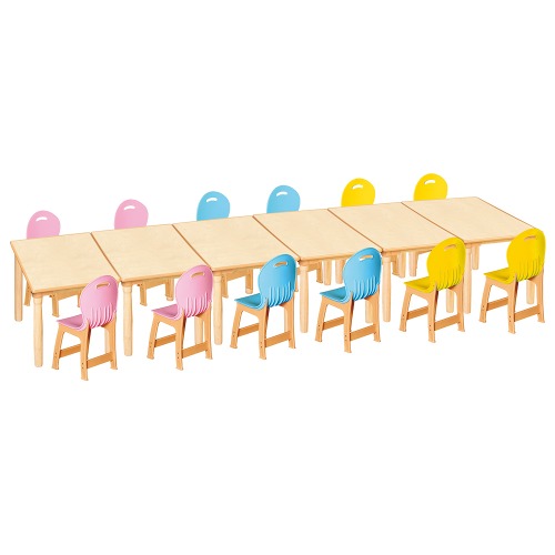 안전 자작합판 대형 사각 6조각 12인 책상의자세트(분홍+하늘+노랑 파스텔의자)