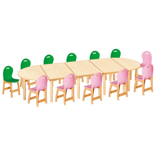 안전 자작합판 대형 반달 5조각 12인 책상의자세트(초록+분홍 파스텔의자)
